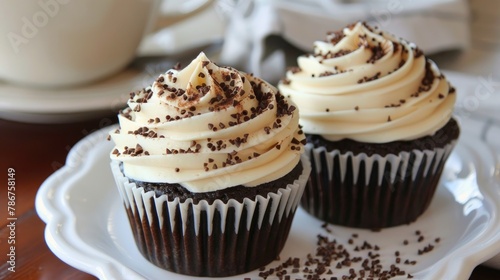 Vanilla frosted chocolate cupcakes with a side of coffee