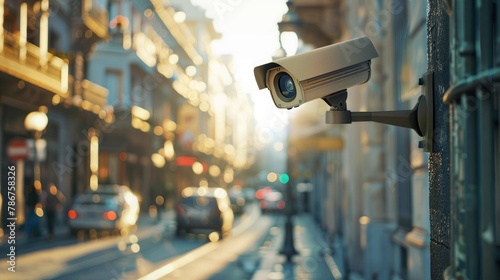 CCTV camera positioned on street with no background distractions photo