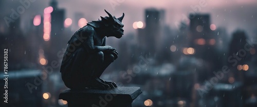 A noir-inspired scene of a brooding gargoyle perched on a rain-slicked rooftop