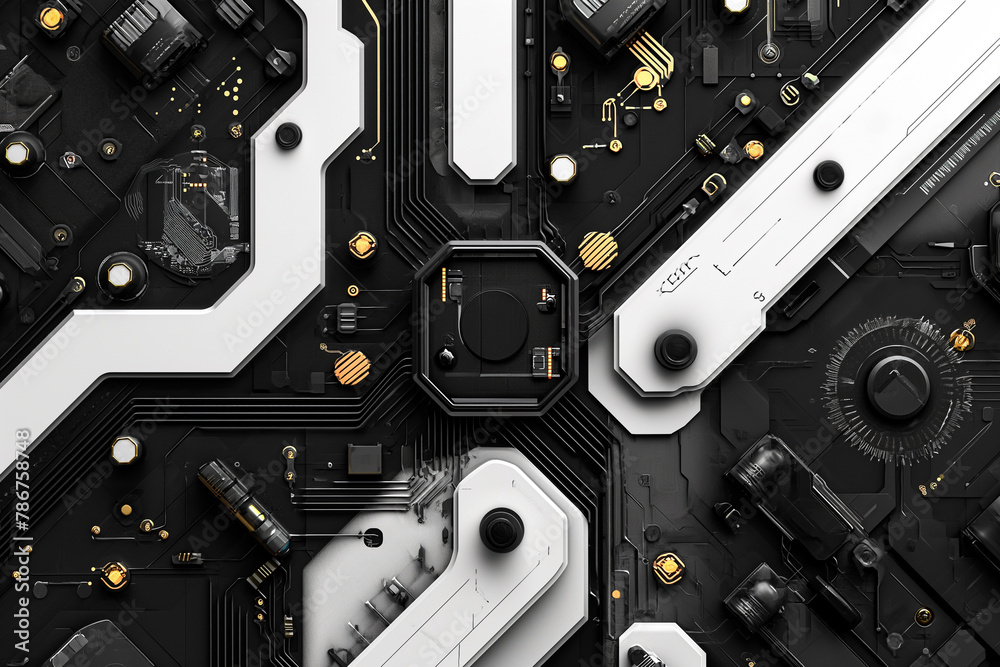 An intricate and abstract design of a high-tech circuit board with futuristic black and white patterns and gold accents. An intricate and abstract design of a high-tech circuit board with futuristic black and white patterns and gold accents.