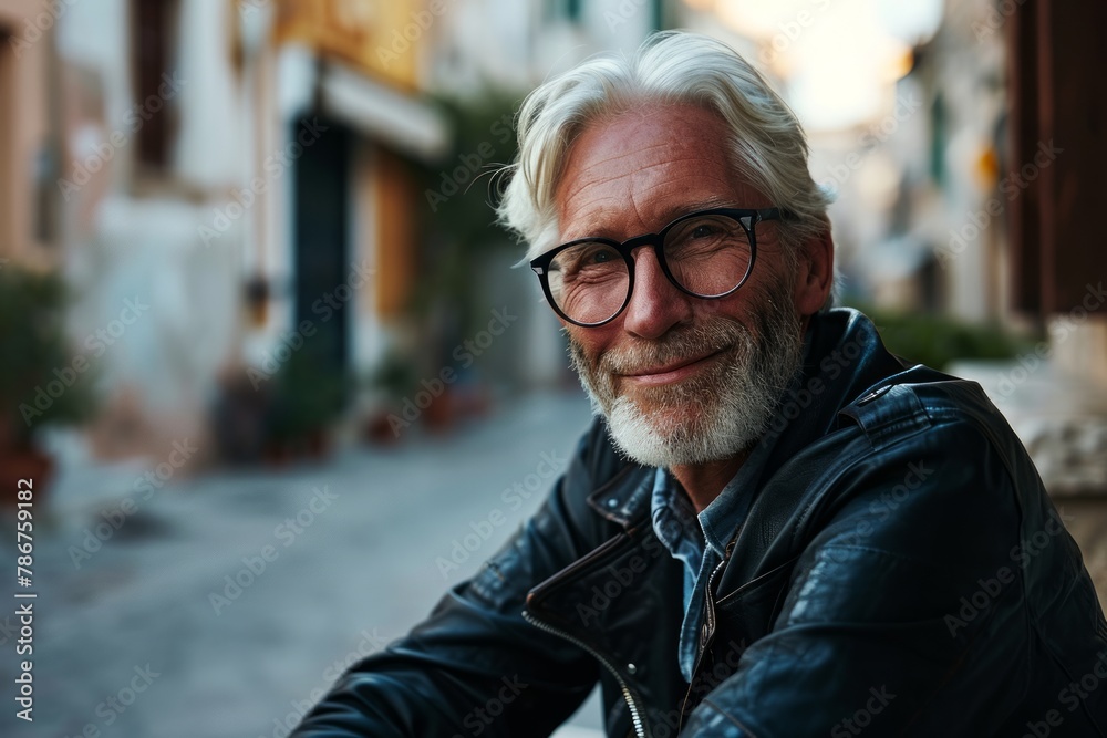 Portrait of a handsome senior man with gray beard and glasses in the city. Portrait of a handsome senior man with gray beard and glasses in the city.