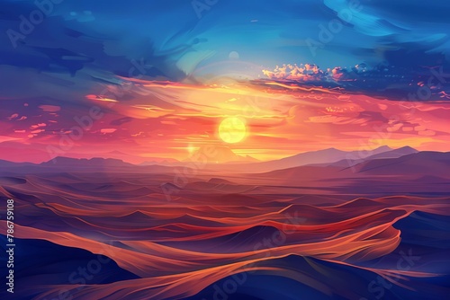 majestic sunset over vast desert dunes vivid colors and long shadows realistic illustration © Lucija