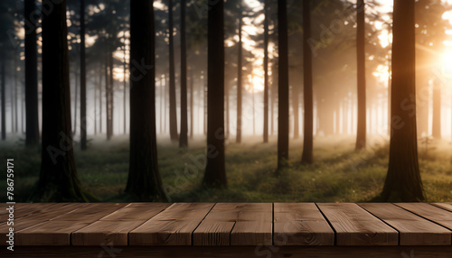 Wooden table with Fog forest and sunrise  Empty wooden table in front of forest background