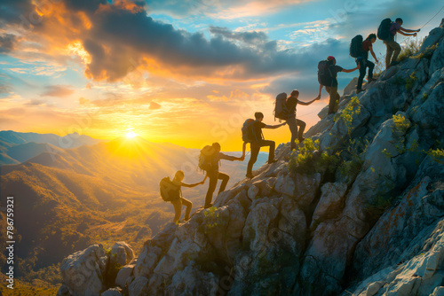 Panoramic view of team of people holding hands and helping each other reach the mountain top in spectacular mountain sunset landscape