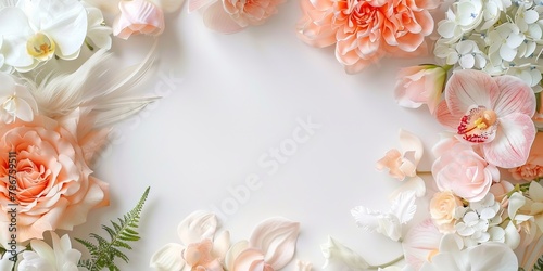 An elegant floral banner with white orchids and peach pink roses. Empty space for text. 