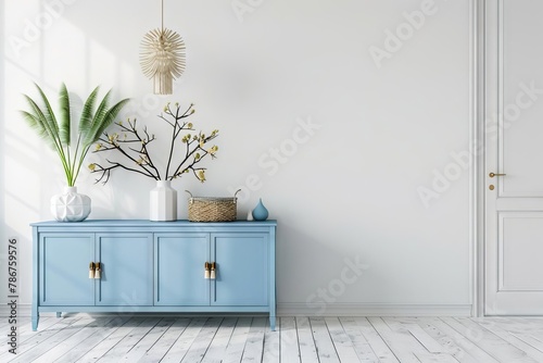 minimalist blue sideboard in empty white room interior modern scandinavian design 3d rendering