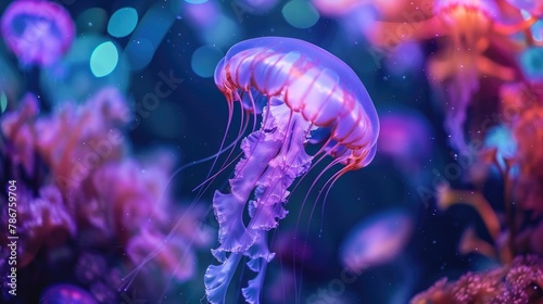Moon jellyfish swimming in aquarium illuminated with colorful light © 2rogan
