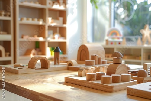 montessori wooden educational toys and materials in sunlit kindergarten classroom photo