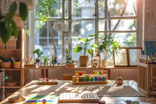 montessori wooden educational toys and materials in sunlit kindergarten classroom photo