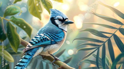 A vividly colored Blue Jay bird perched on a branch in a sun-dappled green garden.