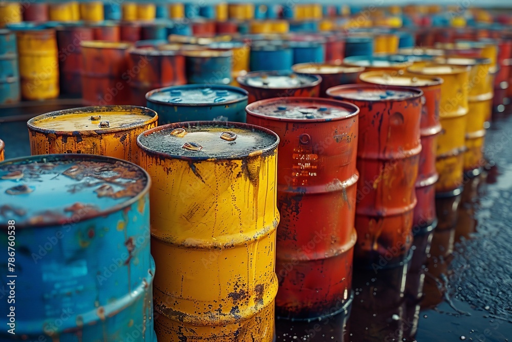 Rows of weathered oil barrels in various colors, reflecting industrial usage and storage with a vintage, textured feel Rows of weathered oil barrels in various colors, reflecting industrial usage and storage with a vintage, textured feel