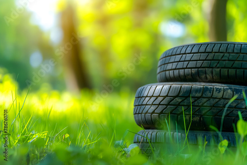 Stack of car tires on green lawn. Car tires in nature