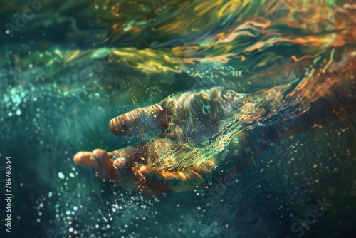 mysterious hand submerged in glistening seawater conveying profound emotions digital illustration