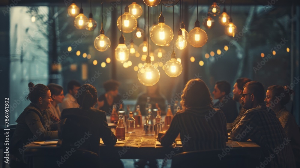 A roundtable discussion under a canopy of hanging lightbulbs, with one bulb shining brightest as a team member articulates their idea, highlighting the moment of insight and collective enthusiasm.