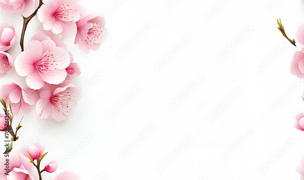 Delicate cherry blossoms adorning a serene white space background. Generative AI