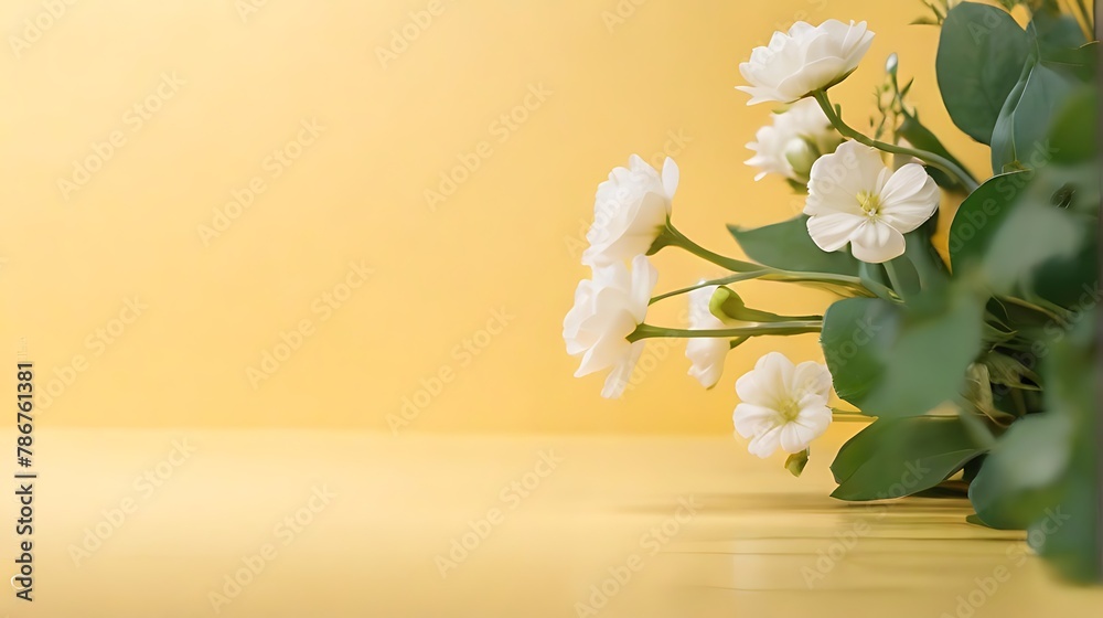 Delicate white blossoms flourishing on a sunny yellow background. Generative AI