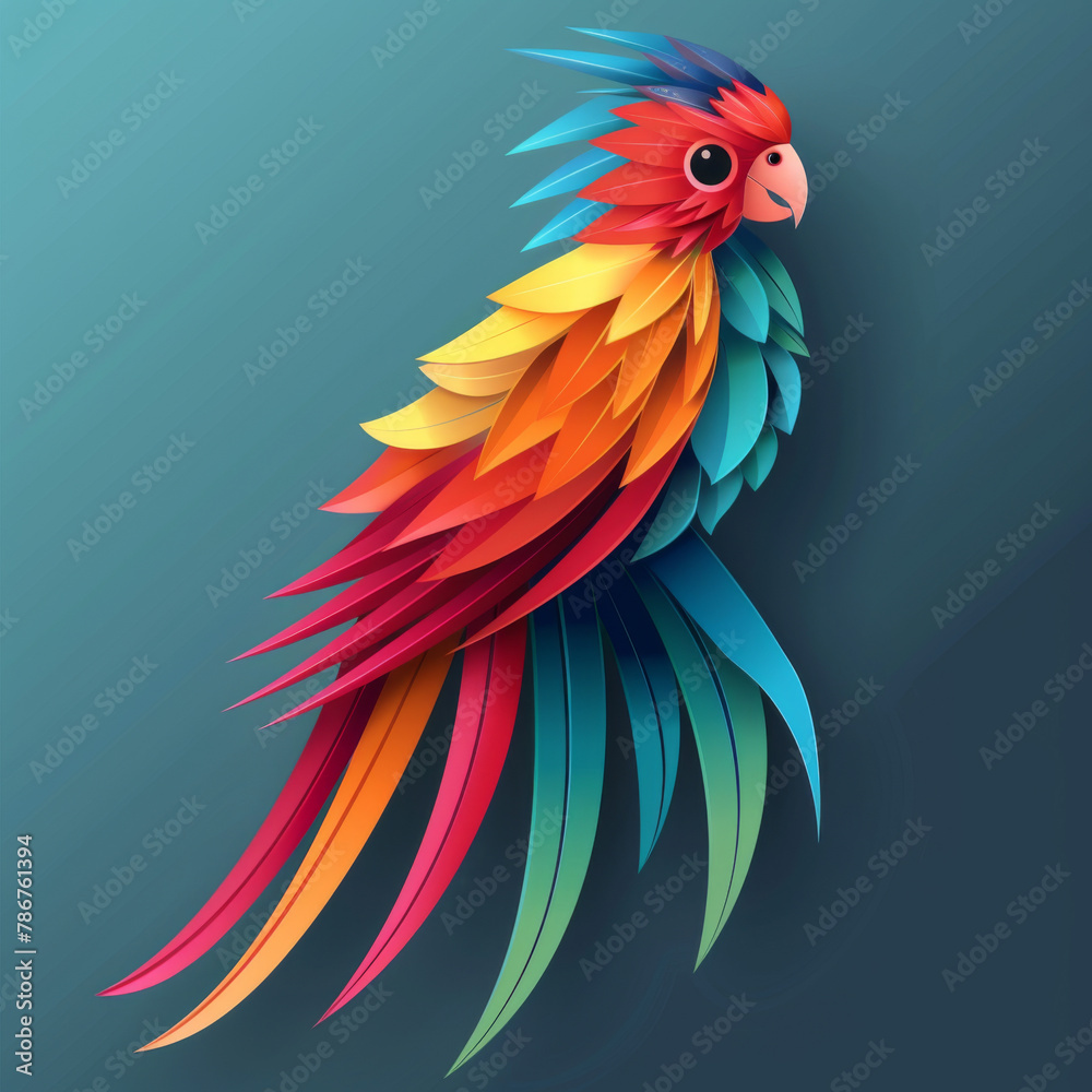 Fototapeta premium Digital illustration of an abstract, multicolored parrot with a modern artistic twist on a teal background.