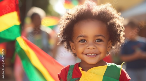 Happy Child Holding red, green and yellow flag symbolizing Juneteenth Freedom and African liberation day. Black life matters. Black history month.