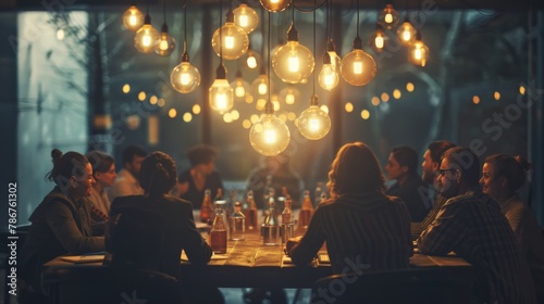 A roundtable discussion under a canopy of hanging lightbulbs  with one bulb shining brightest as a team member articulates their idea  highlighting the moment of insight and collective enthusiasm.