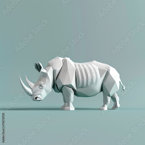 Modern low poly rhinoceros sculpture in white against a soft pastel background. photo