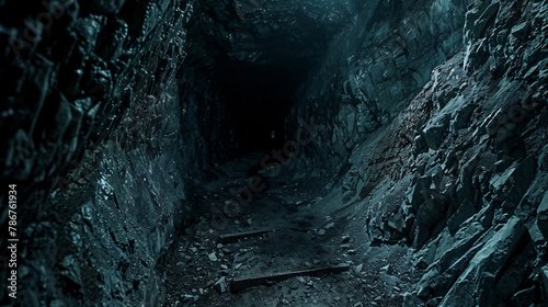 An eerie view into the chilling depths of an abandoned mine shaft, with stark rock faces and a profound sense of isolation. photo