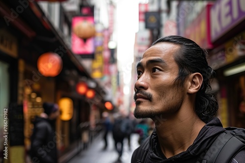 Handsome asian man walking in the street of Tokyo, Japan