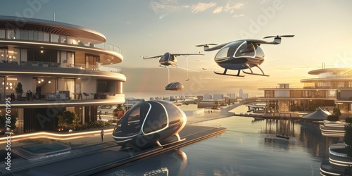A serene community where personal flying vehicles take off and land from rooftops and designated skyports, the sky filled with a ballet of orderly air traffic. photo