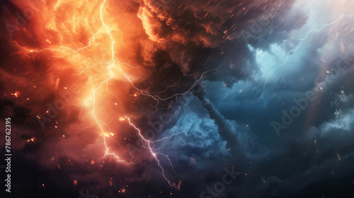 Natural disaster, cloud and lightning for storm, sky and abstract apocalypse with electricity. Energy, flare and hurricane with wind, spark and flash with danger and dramatic power and shock for rain