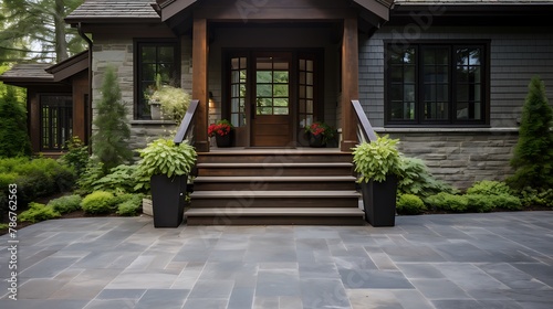 Front entrance luxury hardscaping with natural stone steps and wet laid flagstone 