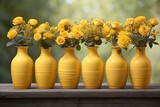 row of yellow vase with flowers from Generative AI