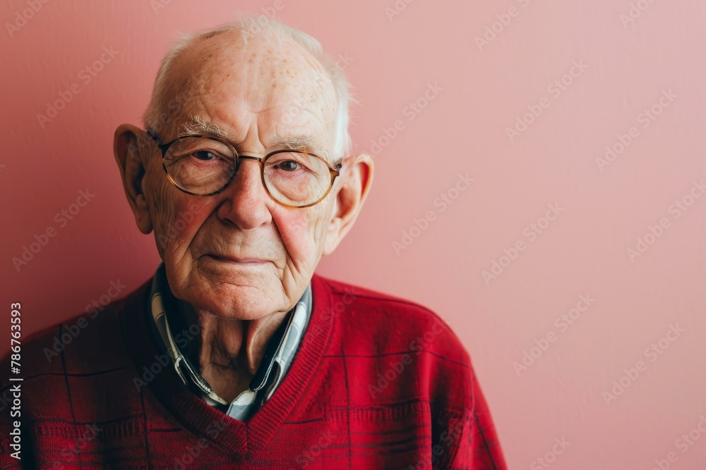 Portrait of an old man with glasses on a pink background. Portrait of an old man with glasses on a pink background.