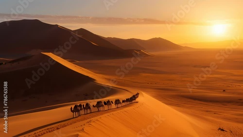 A caravan of camels treads between sun-drenched sand dunes, their long shadows stretching across the desert floor. Under a vermillion sky, golden sands shimmer vastly in all directions.  photo