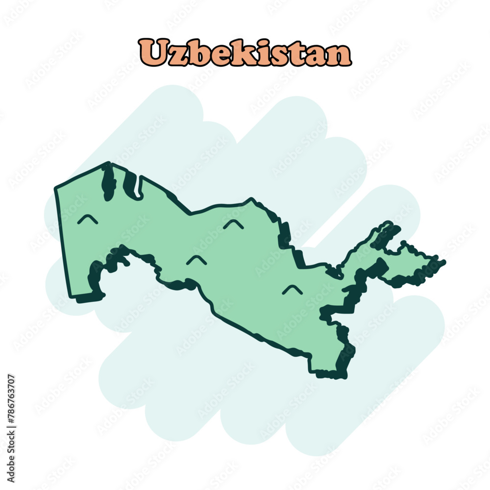 Uzbekistan cartoon colored map icon in comic style. Country sign illustration pictogram. Nation geography splash business concept.	
