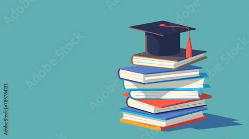 A stack of textbooks with a graduation cap on top  representing years of study   simple vector cartoon