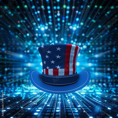 A stylized Uncle Sam s top hat decorated with stars and stripes , Technology concept, futuristic background