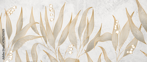 Luxury art background with leaves and flowers of exotic plants in golden line art style. Hand drawn botanical banner for decoration, wallpaper, print, textile, interior design, poster. © VectorART