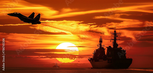 A war jet streaks across the sky alongside a mighty sea-ship, both silhouetted against the backdrop of a fiery sunset, evoking a sense of imminent conflict and tension © Glenn Finch