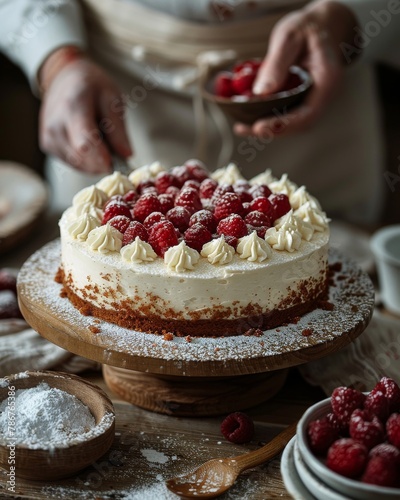 A pastry chef or pâtissier preparing delicious whole cake