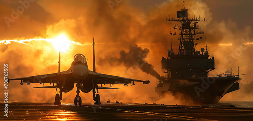 With the sun setting behind them, a war jet and a formidable sea-ship stand as symbols of military power, their presence ominous against the backdrop of billowing smoke, hinting at chaos of warfare