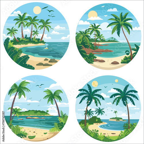 Tropical landscape with palm trees silhouettes  Paradise island  Tropical landscape  Summer vacation concept circle icon  Tropical paradise island logo  Summer ads  Logo  Posters  Label  T-shirt
