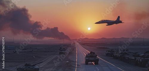 Against the backdrop of the setting sun, an army jet patrols the skies above a convoy of tanks on a desolate road, their mission shrouded in the hues of twilight. Smoke rises from a distant conflict