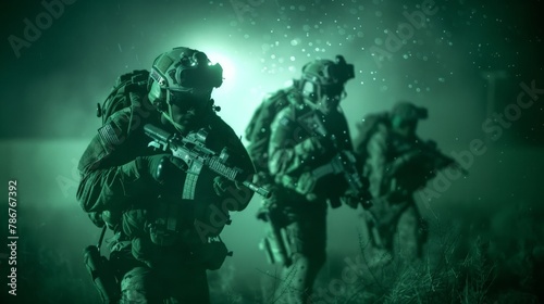 A stealthy night operation by modern special forces, equipped with night vision goggles and moving silently through a hostile environment, illustrating the precision