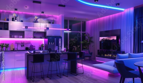 Futuristic interior living room design with neon lights  created with AI