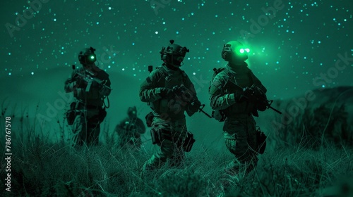 A stealthy night operation by modern special forces, equipped with night vision goggles and moving silently through a hostile environment, illustrating the precision photo