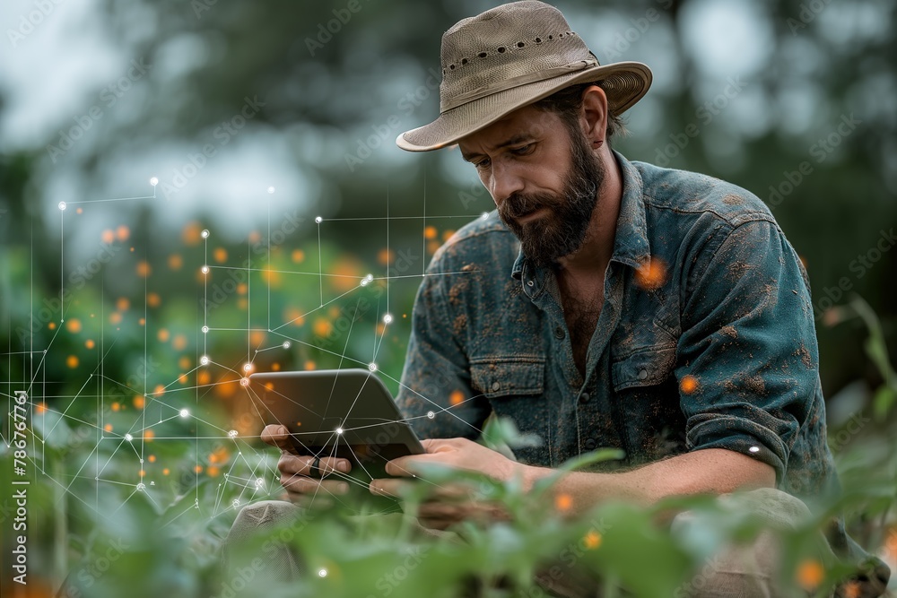 Farmer Analyzing Crop Data on Digital Tablet in Field Farmer Analyzing Crop Data on Digital Tablet in Field