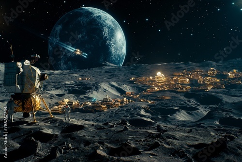 Astronauts Overlooking Futuristic City on Alien World photo