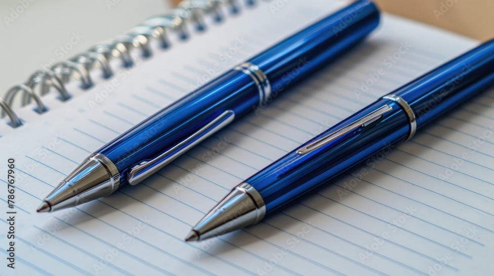 Blue plastic and metal ballpoint pen set on a lined notebook Blue plastic and metal ballpoint pen set on a lined notebook