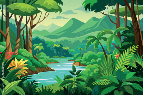 Green Jungle Landscape cartoon vector Illustration flat style artwork concept