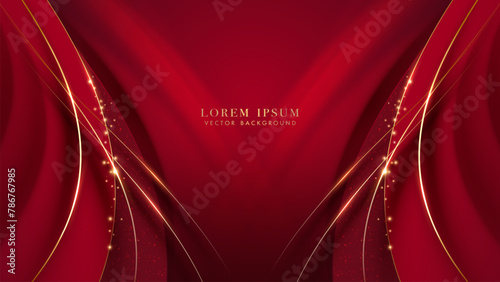 Red abstract luxury background with golden line curve elements, glitter light effect decoration