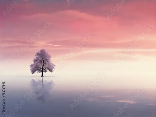 A solitary tree stands reflected in water under a vibrant, dreamlike pink sky Generative AI © SayedaRima